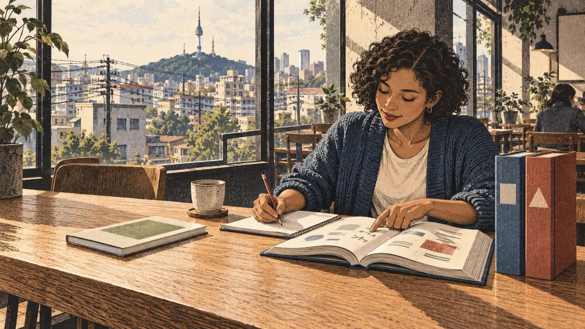 A learner compares three grammar reference volumes and practises from an open book in a Seoul café.