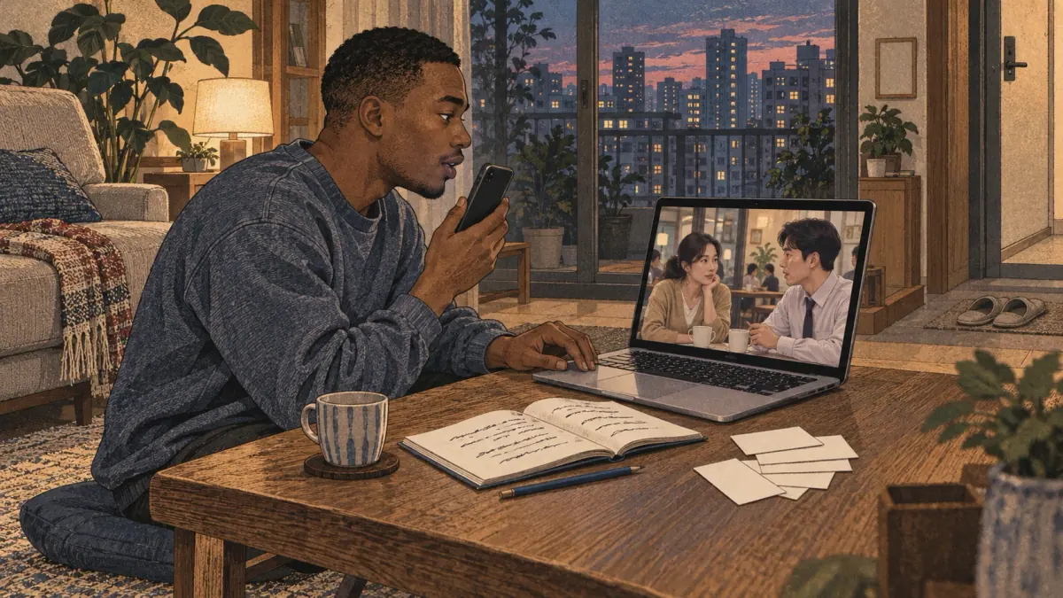 A learner replays a Korean drama scene and practises the dialogue aloud in a Seoul apartment.