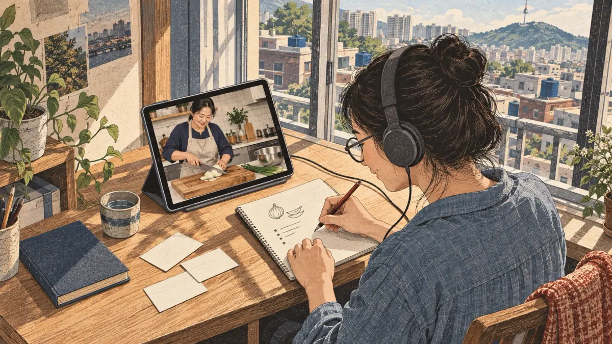 A learner watches a Korean cooking video with headphones and records vocabulary at a sunny Seoul desk.