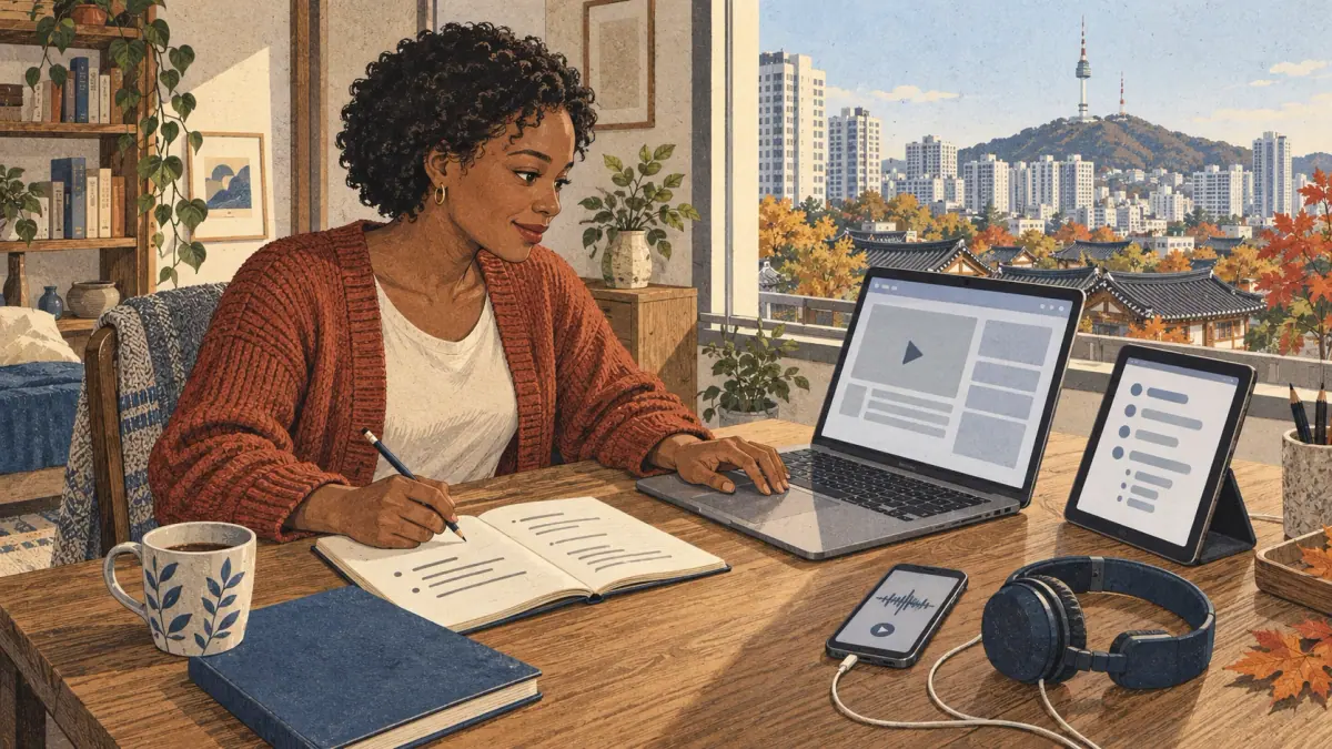 A learner combines a lesson website, dictionary and listening practice at a Seoul apartment desk.