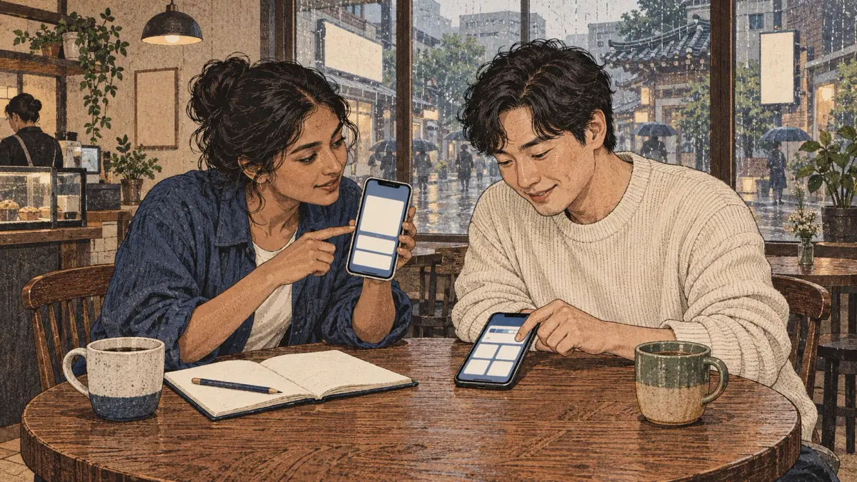 Two adult learners compare a notes-led lesson and a short practice app in a Seoul café.