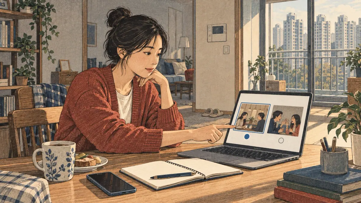 Illustrated Korean study scene.