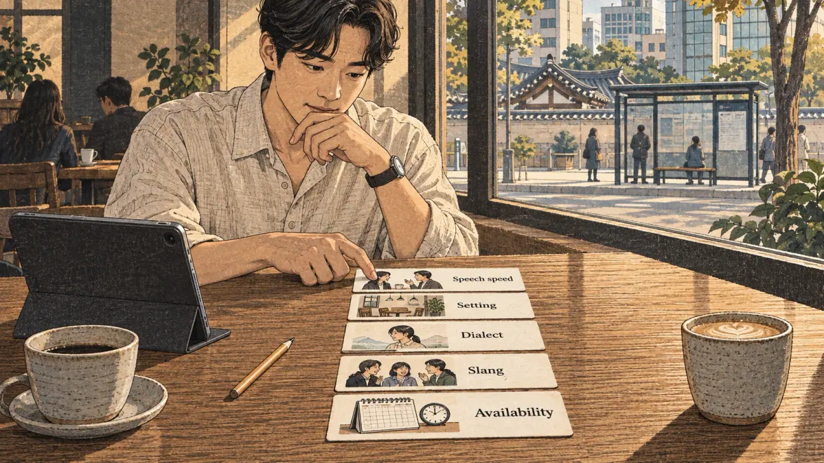 Korean study illustration: Setting, Dialect, Slang, Availability.