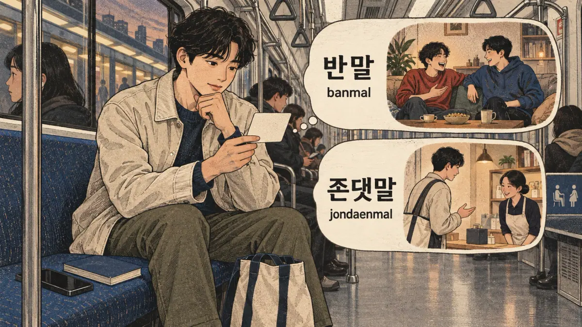Korean study illustration: 반말, 존댓말, banmal, jondaenmal.