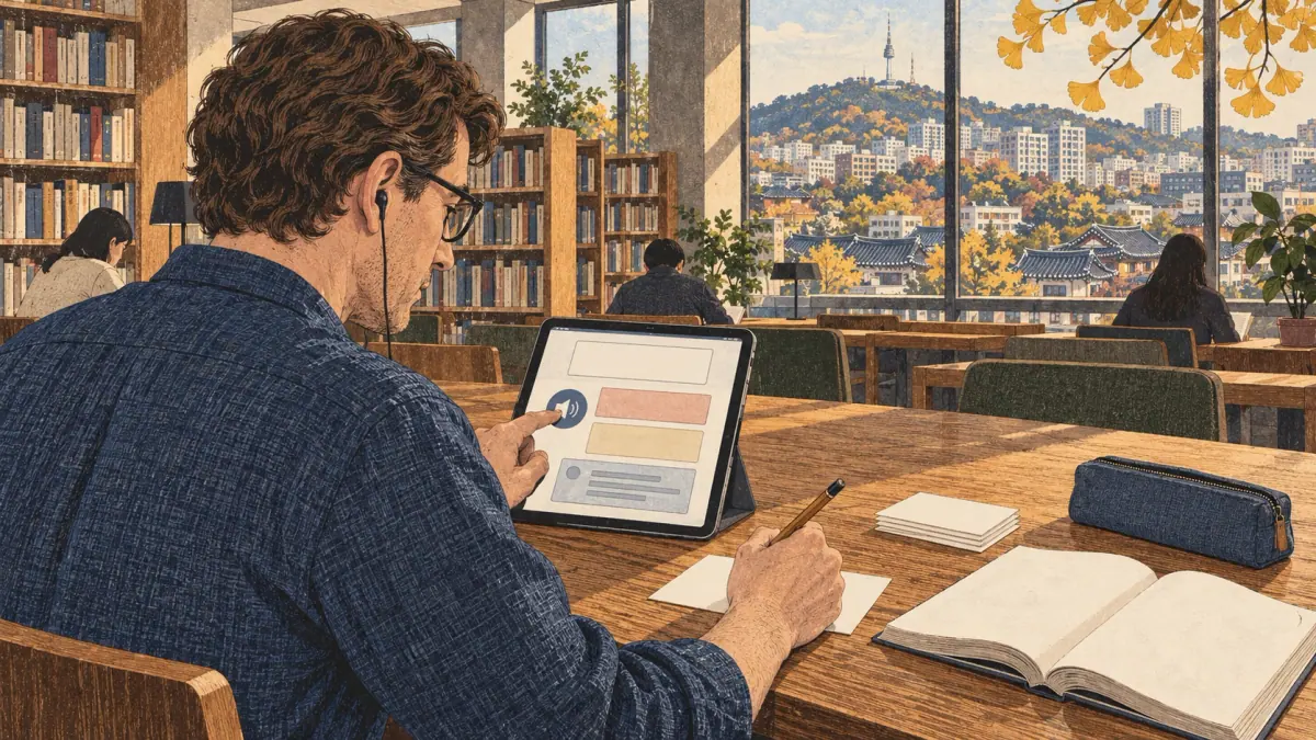 A learner listens to dictionary pronunciation and records an example at a Seoul library table.