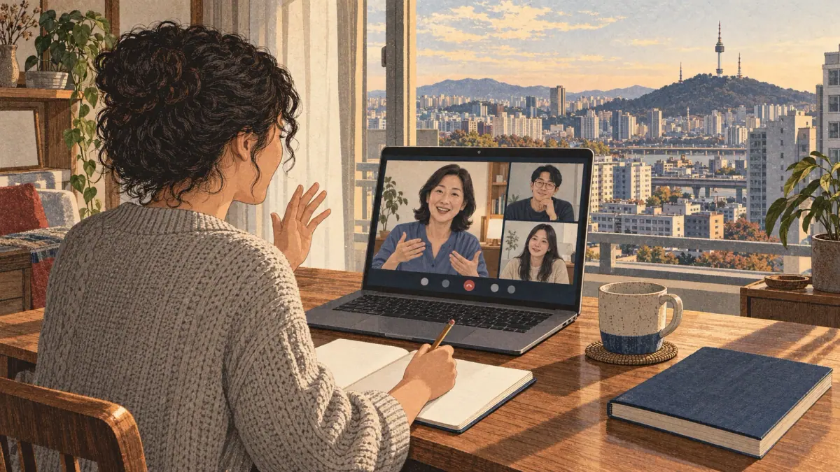An adult learner joins a small live Korean class from a Seoul apartment.