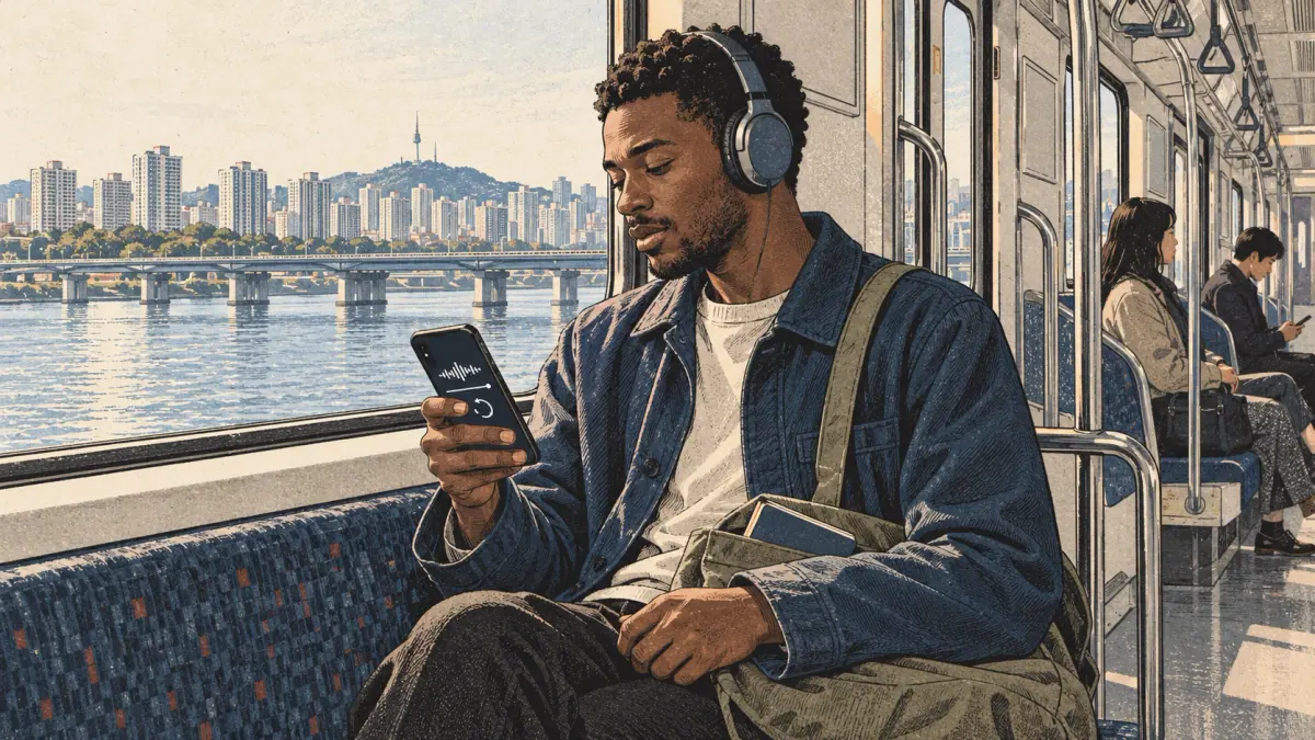 A beginner listens to a Korean podcast while riding a Seoul commuter train.