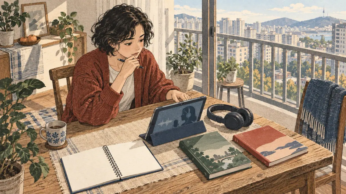 Learner practises Korean using study materials.