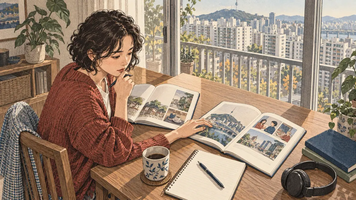 Learner practises Korean using study materials.
