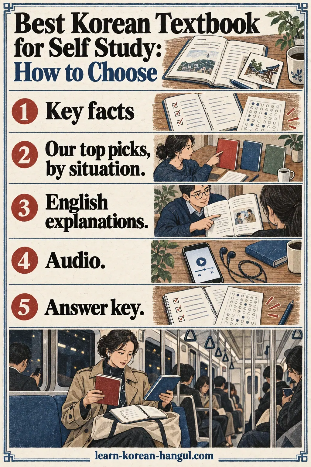 Illustrated cheat-sheet about Best Korean Textbook for Self Study: How to Choose.