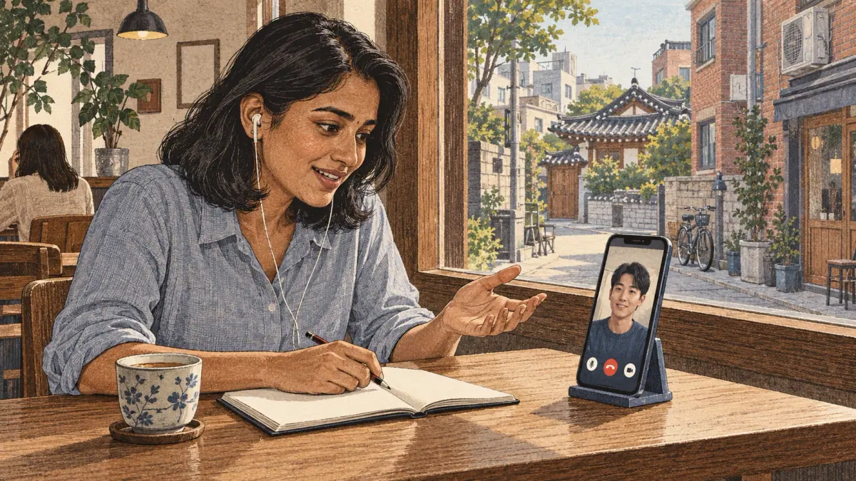 An adult learner practises Korean conversation with a partner through a smartphone video call.
