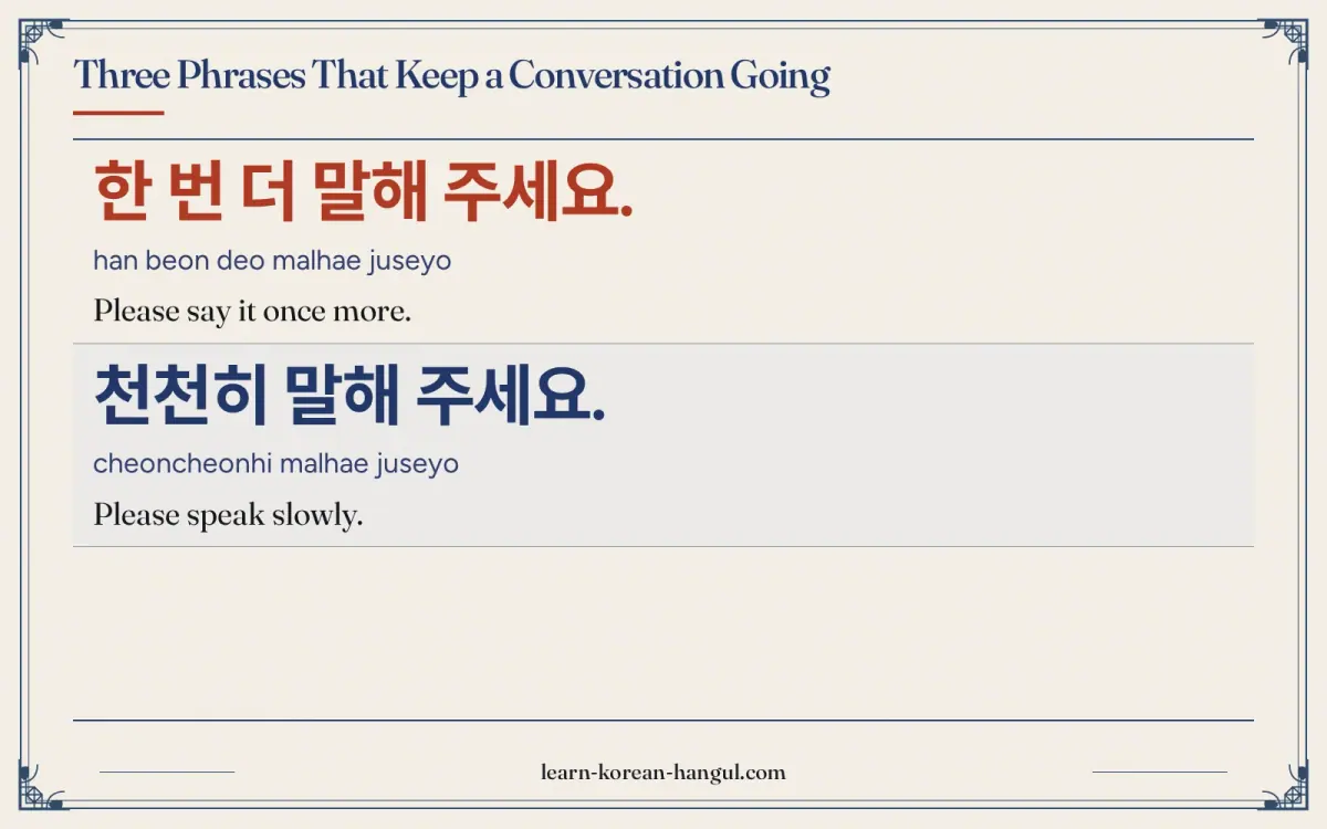 한 번 더 말해 주세요. · han beon deo malhae juseyo · Please say it once more. · Three phrases that keep a conversation going
