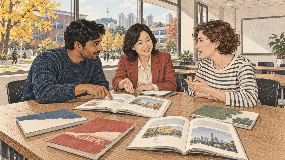 Tutor and two adult learners comparing Korean textbooks at a Seoul university study table.