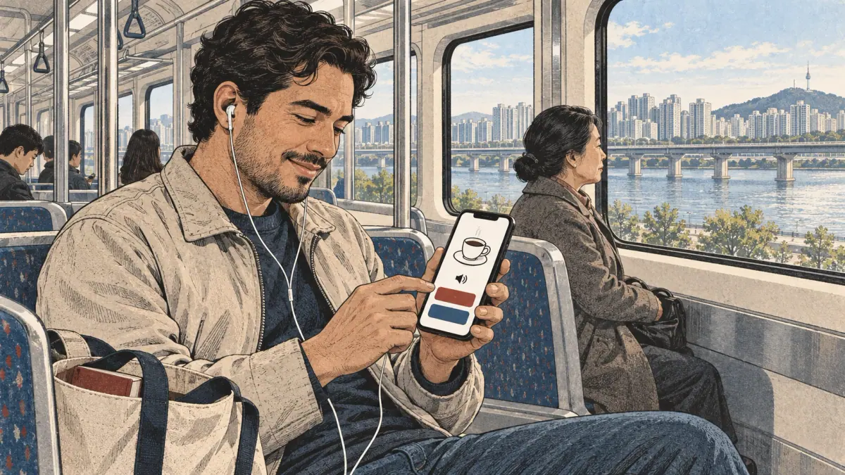 Adult learner reviewing vocabulary flashcards on a phone during a Seoul subway commute.