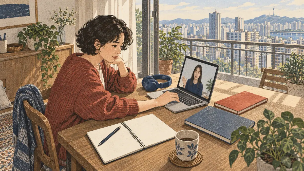 Learner practises Korean using study materials.
