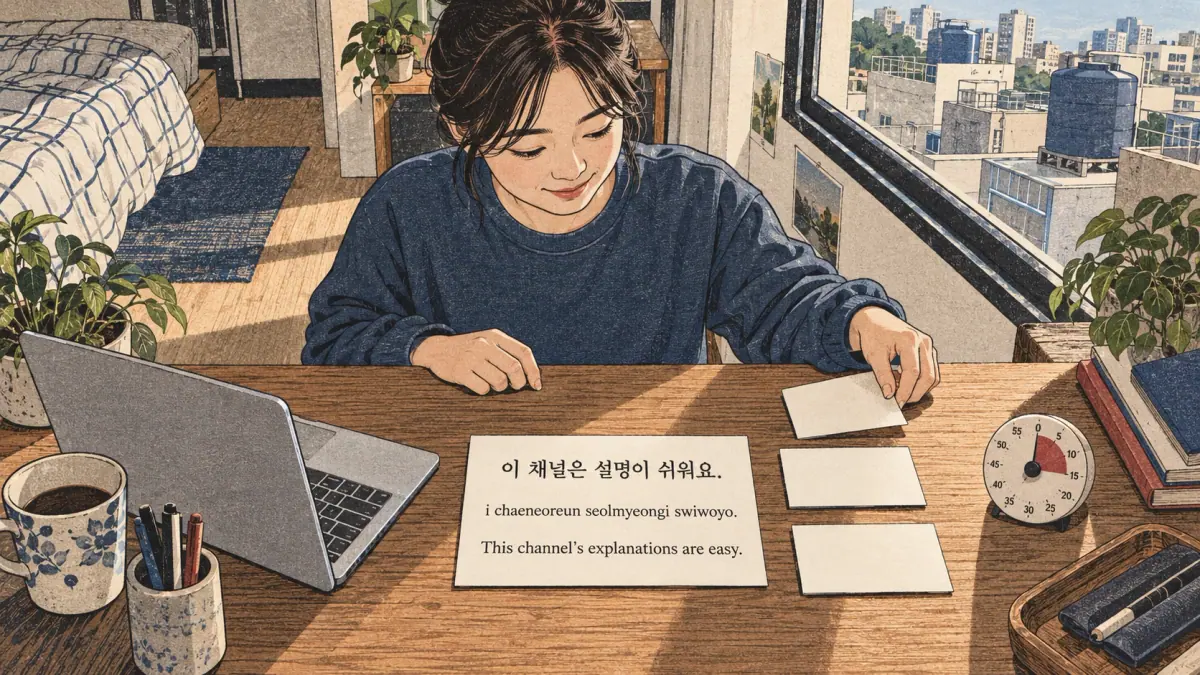 Study scene: 이 채널은 설명이 쉬워요.; i chaeneoreun seolmyeongi swiwoyo.; This channel's explanations are easy.