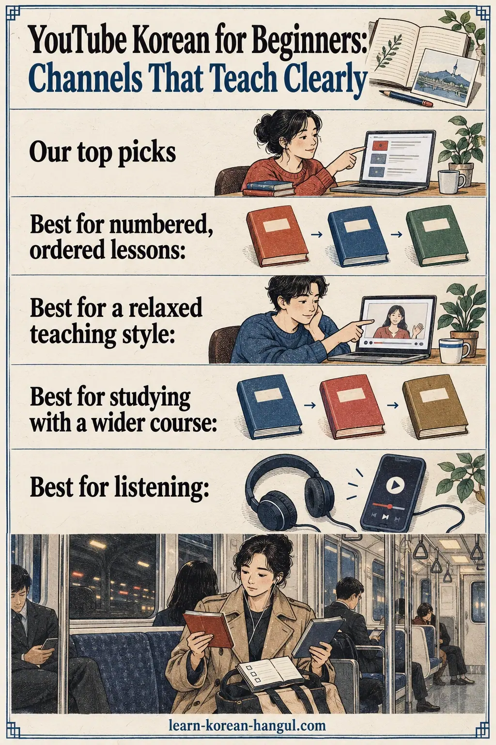 Illustrated cheat-sheet about YouTube Korean for Beginners: Channels That Teach Clearly.