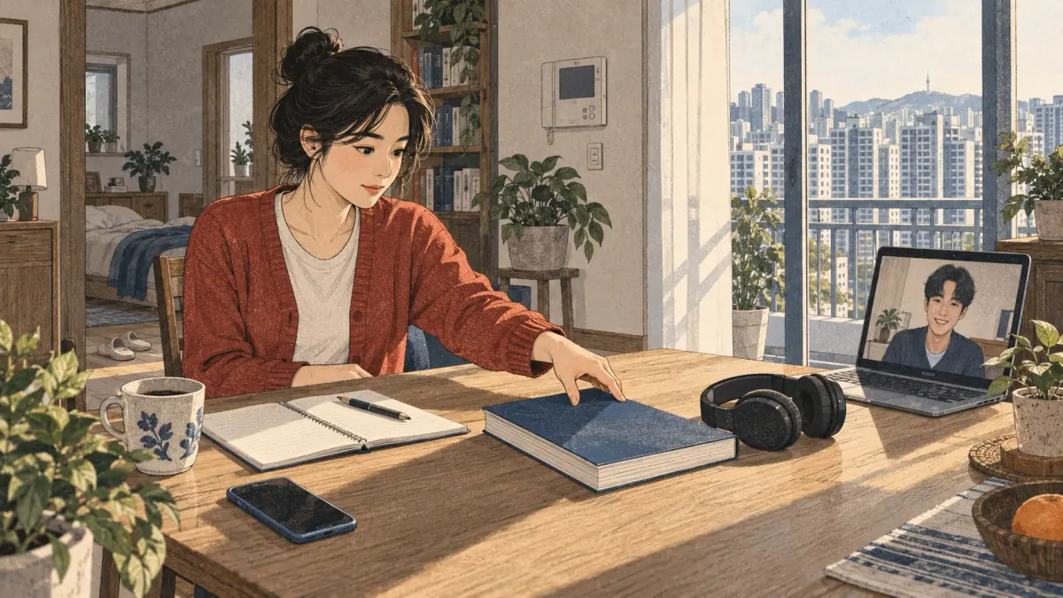 Illustrated Korean study scene.