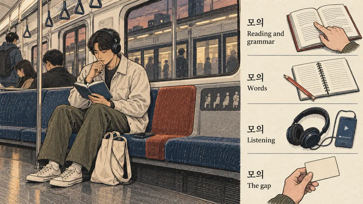 Korean study illustration: Words, Listening.