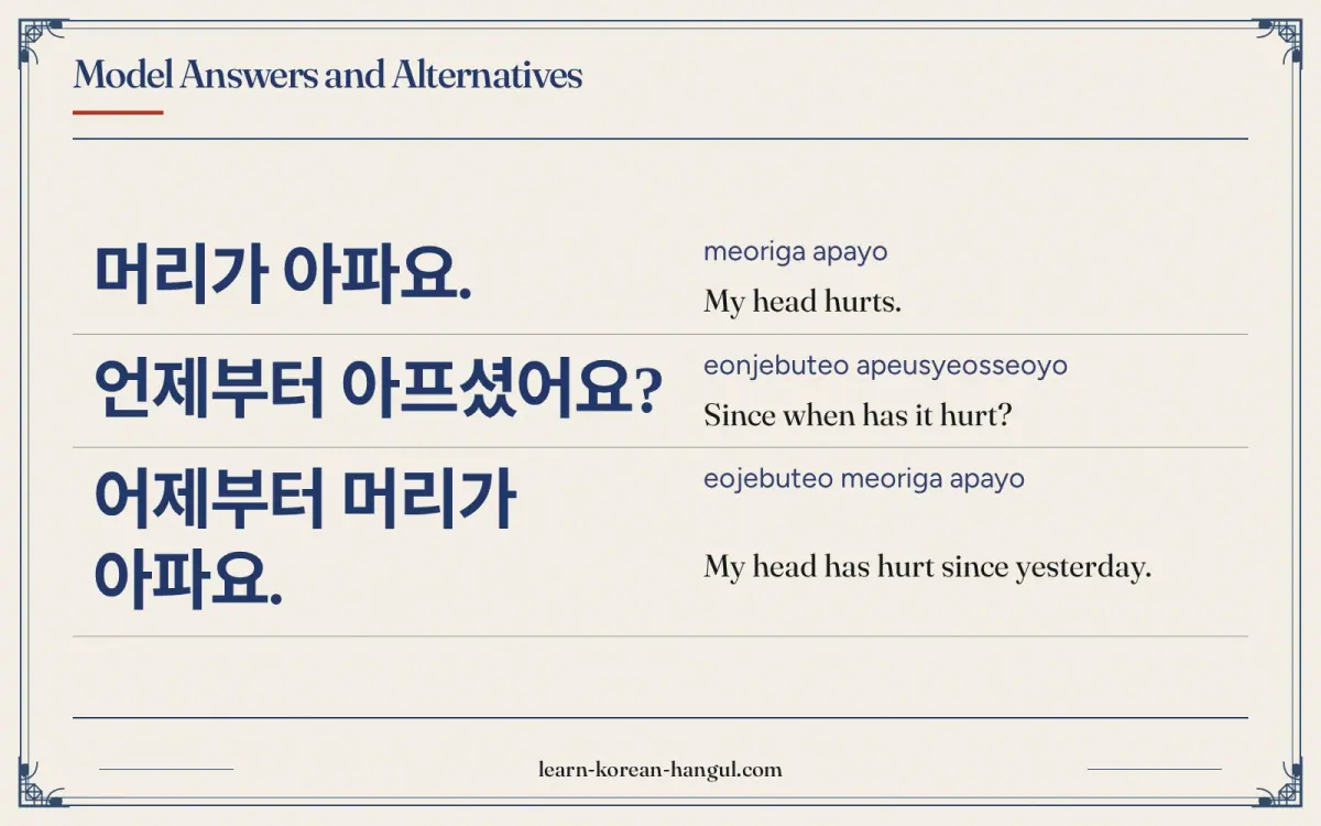 머리가 아파요. · meoriga apayo · My head hurts. · Model answers and alternatives
