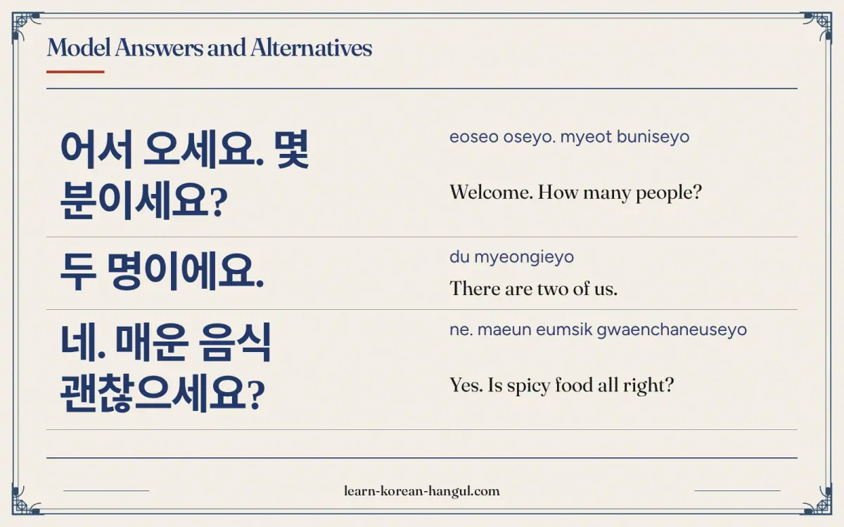 어서 오세요. 몇 분이세요? · eoseo oseyo. myeot buniseyo · Welcome. How many people? · Model answers and alternatives