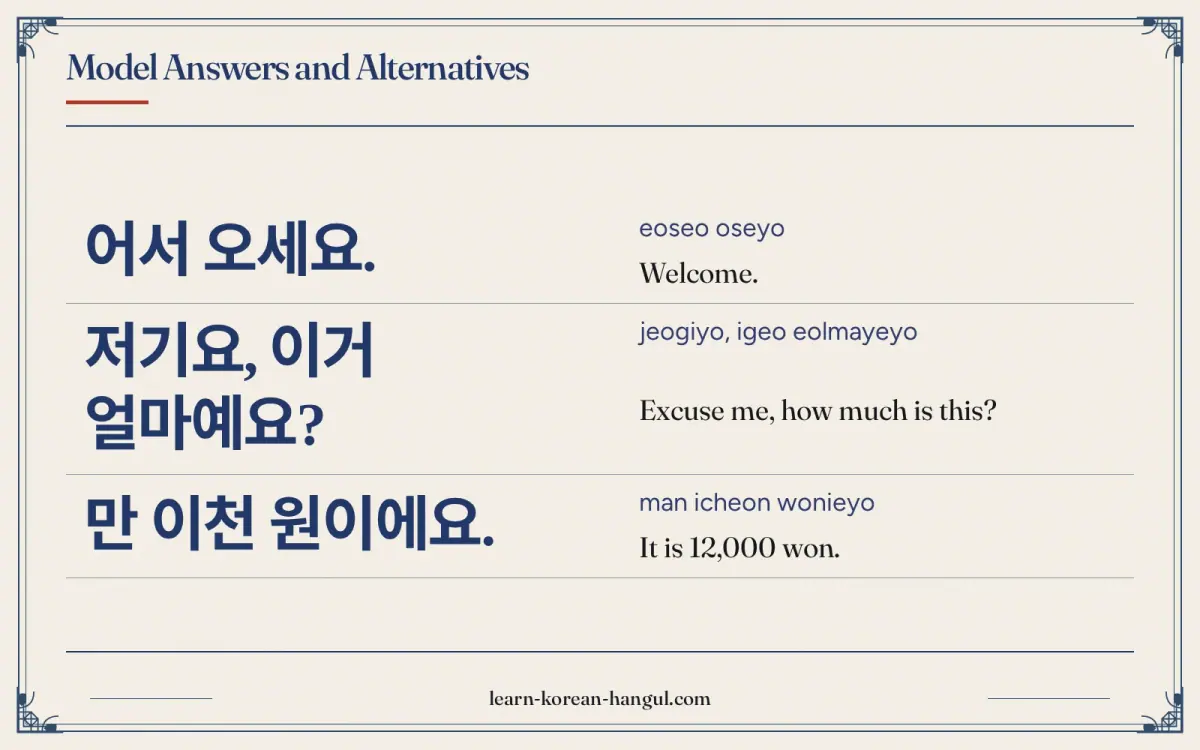 어서 오세요. · eoseo oseyo · Welcome. · Model answers and alternatives