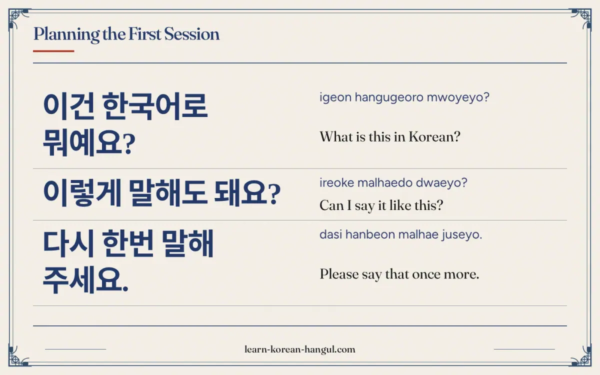 이건 한국어로 뭐예요? · igeon hangugeoro mwoyeyo? · What is this in Korean? · Planning the first session