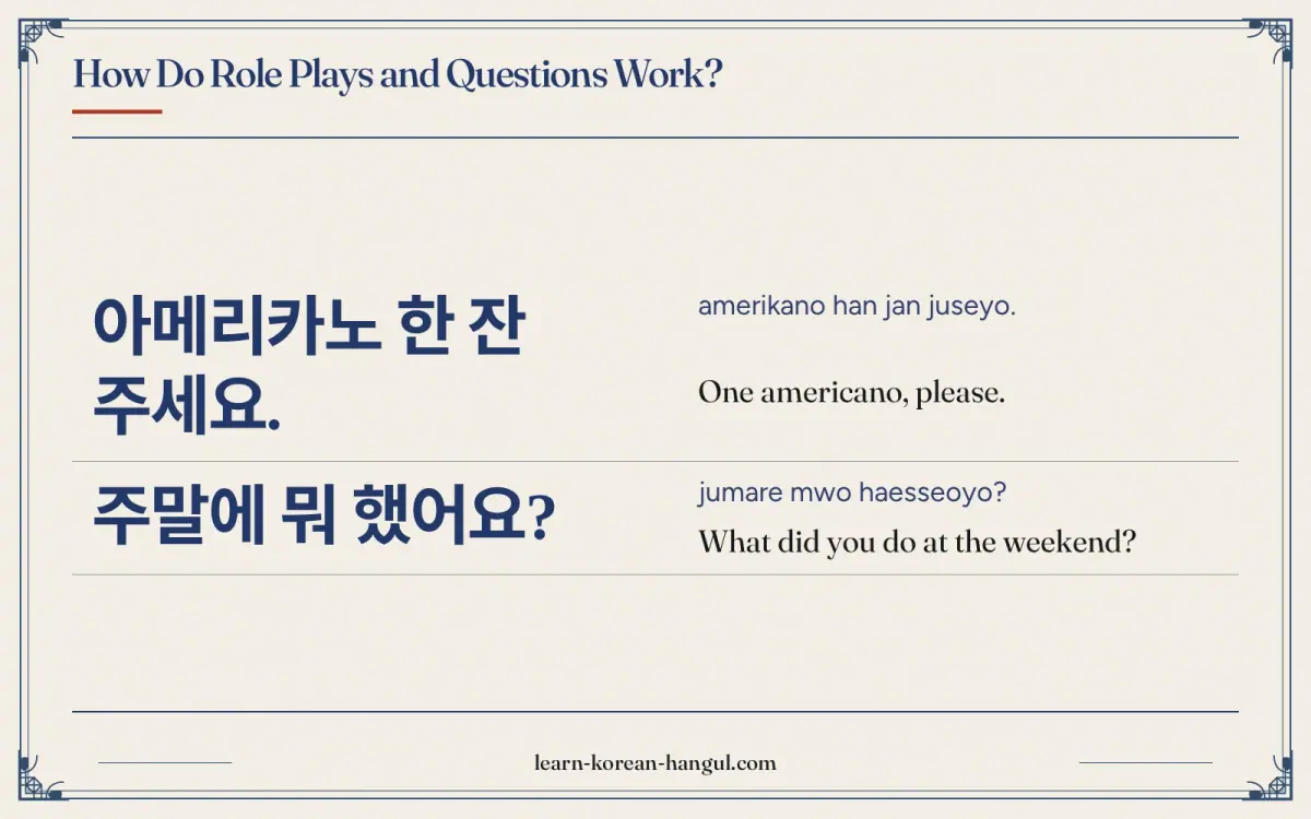 아메리카노 한 잔 주세요. · amerikano han jan juseyo. · One americano, please. · How do role plays and questions work?