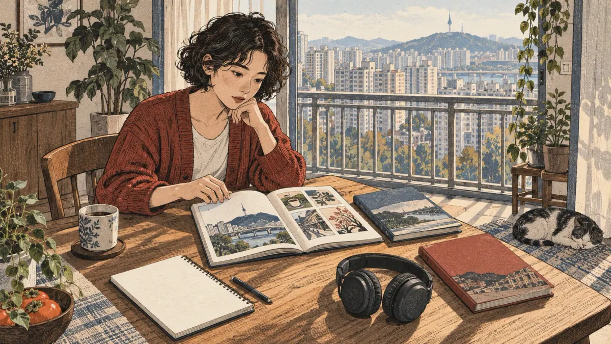 Learner practises Korean using study materials.
