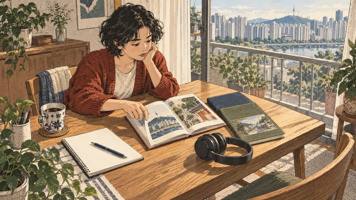 Learner practises Korean using study materials.