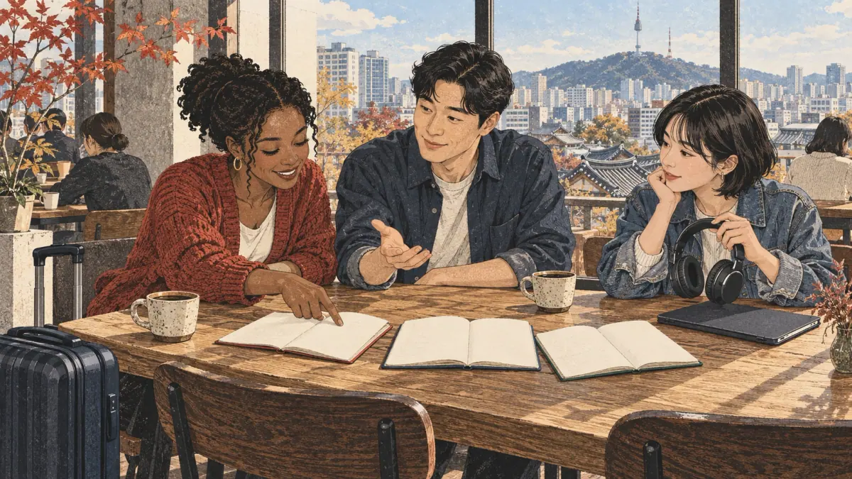 Adult learners compare study materials for different Korean course goals in a Seoul café.