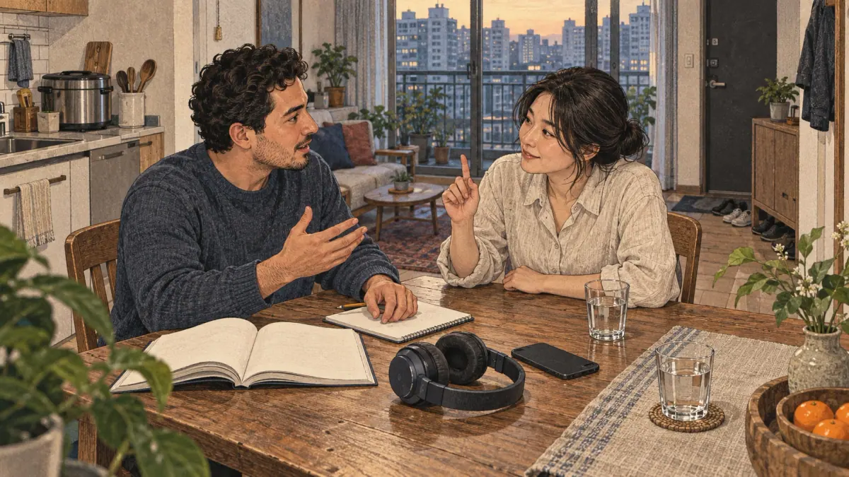 A learner practises speaking with a Korean partner at home, with a course book and headphones nearby.