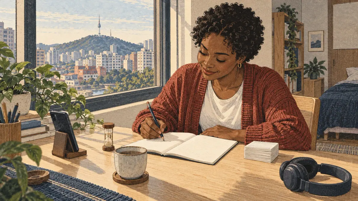 A learner practises at a desk in a Seoul apartment during a short morning study session.
