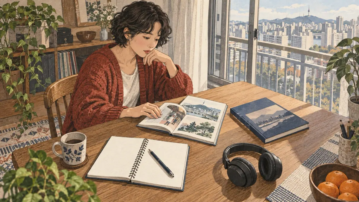 Learner practises Korean using study materials.