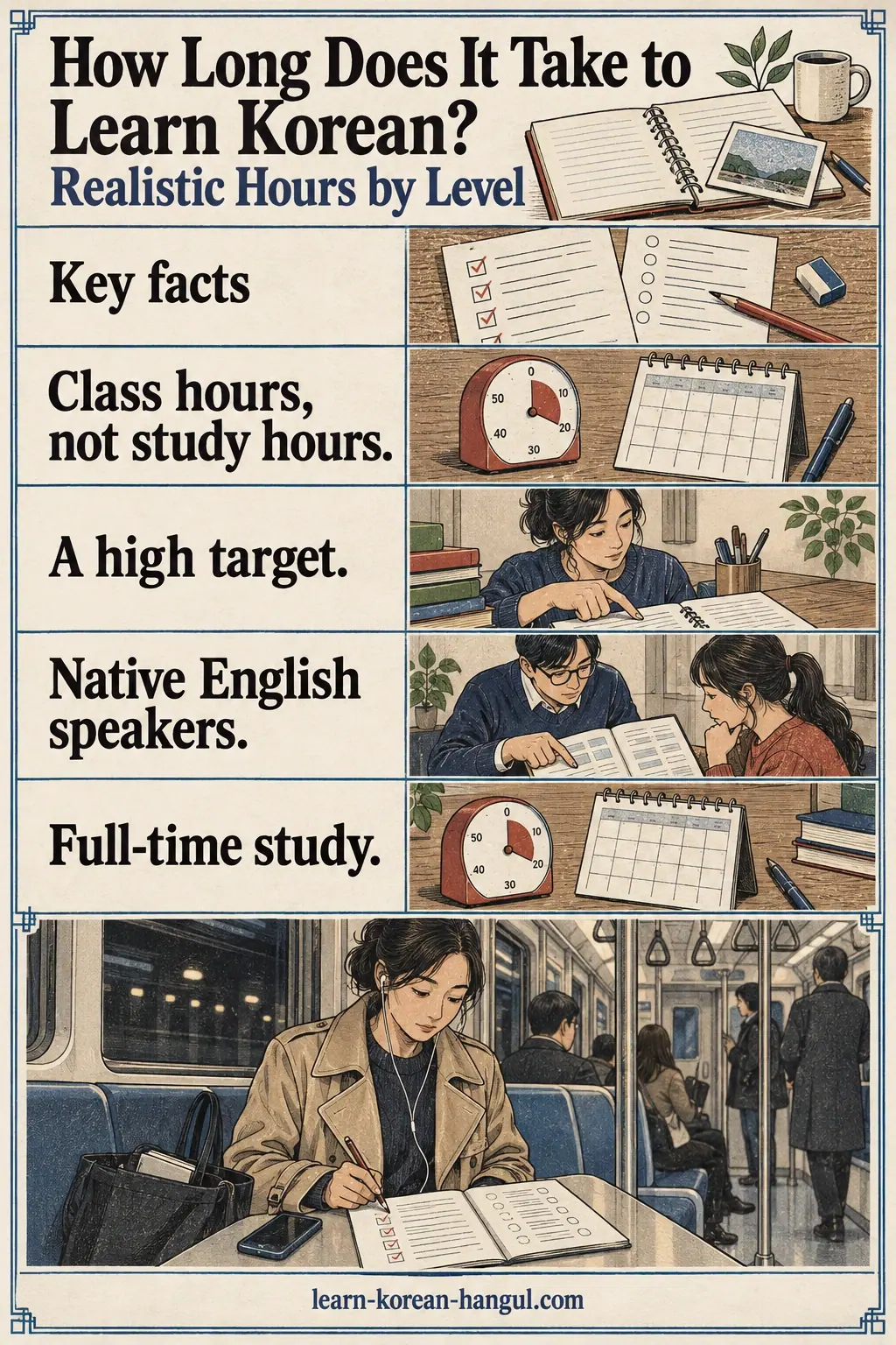 Illustrated cheat-sheet about How Long Does It Take to Learn Korean? Realistic Hours by Level.