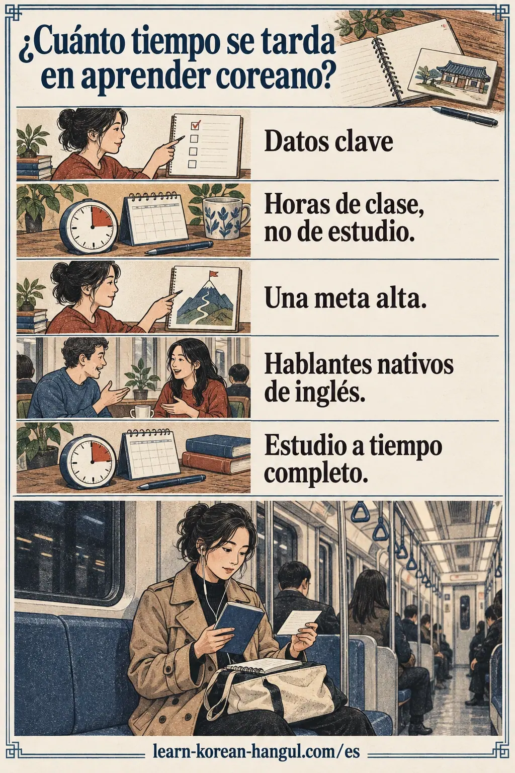 Guía ilustrada para elegir materiales y practicar coreano paso a paso.