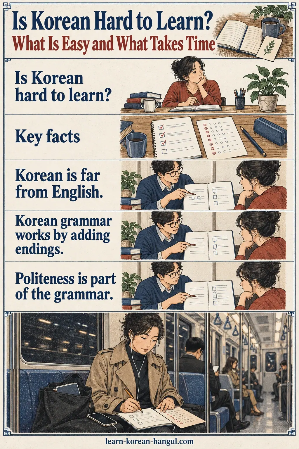 Illustrated cheat-sheet about Is Korean Hard to Learn? What Is Easy and What Takes Time.