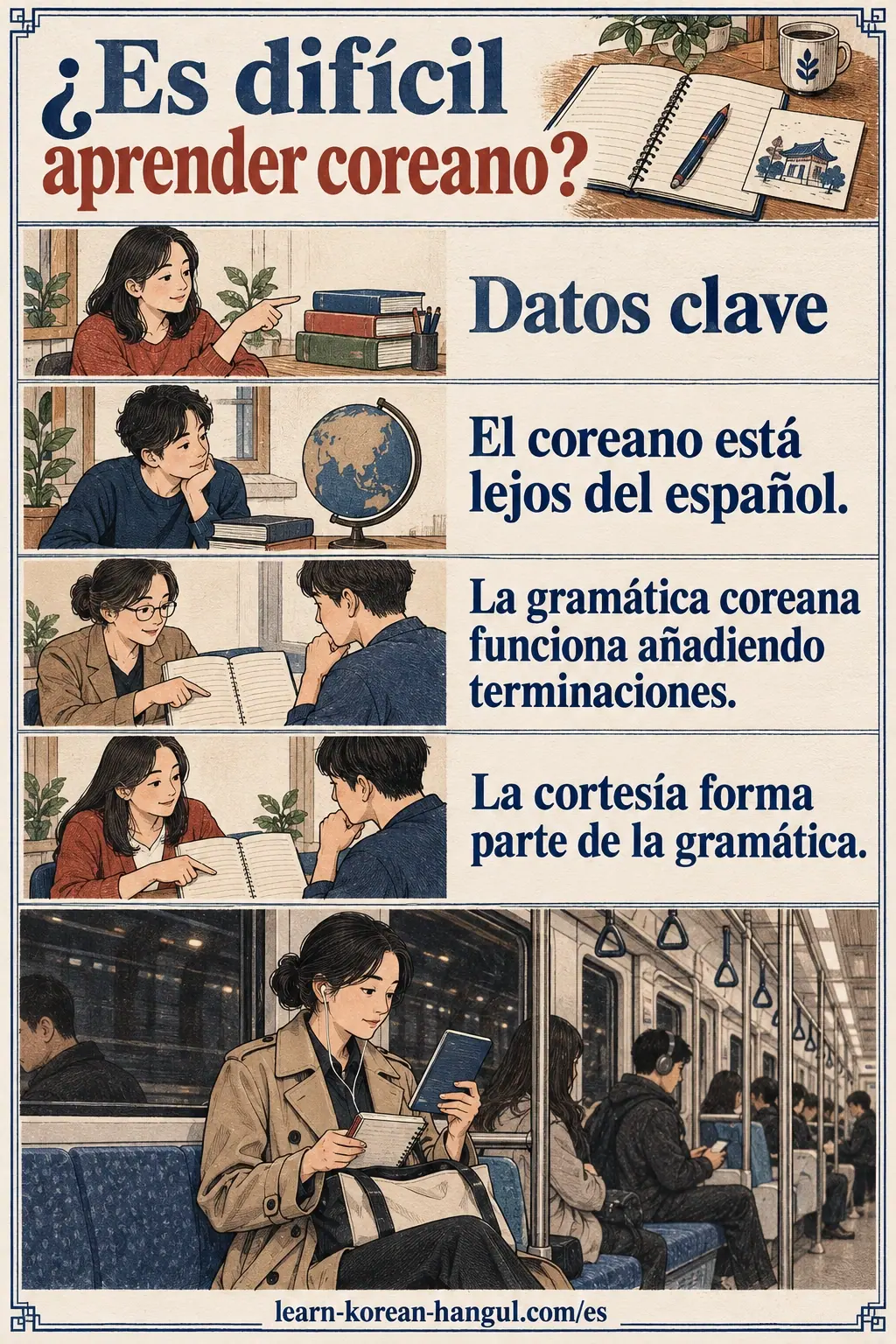 Guía ilustrada para elegir materiales y practicar coreano paso a paso.