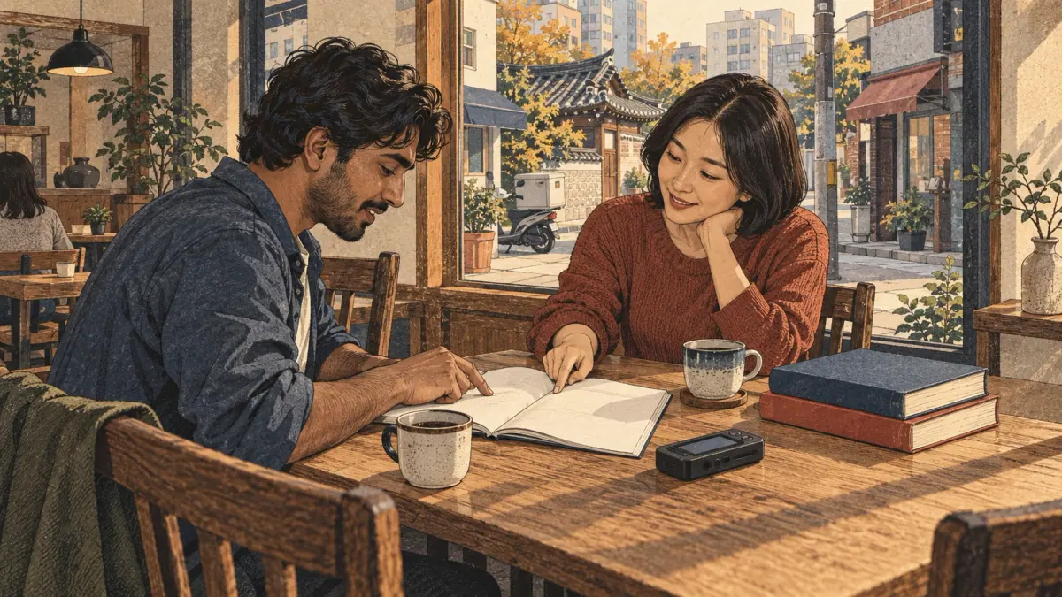 A learner starts a guided reading lesson with a Korean tutor in a Seoul café.