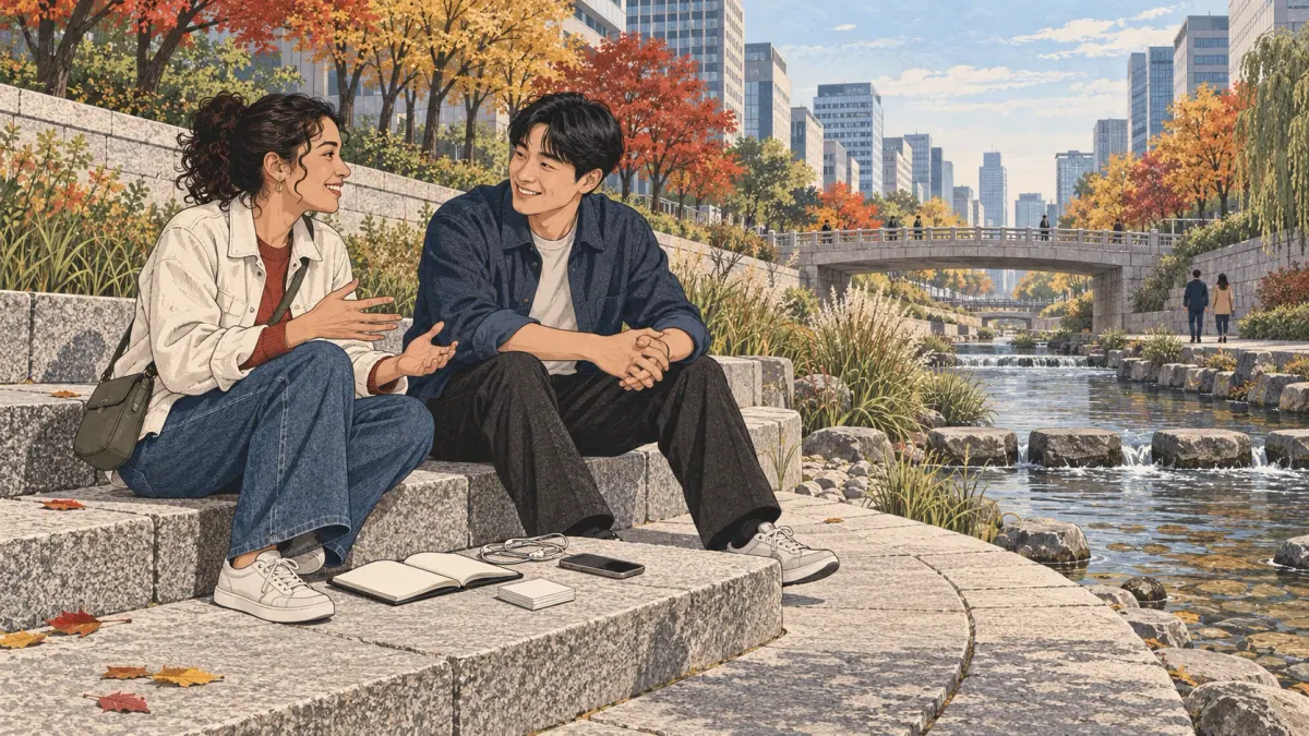 A Korean learner practises conversation with a language partner beside Seoul’s Cheonggyecheon stream.