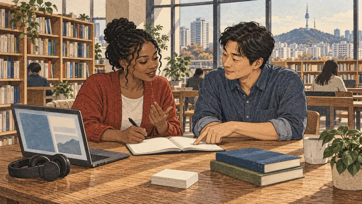Two adult learners practise Korean with borrowed books and a laptop in a Seoul public library.