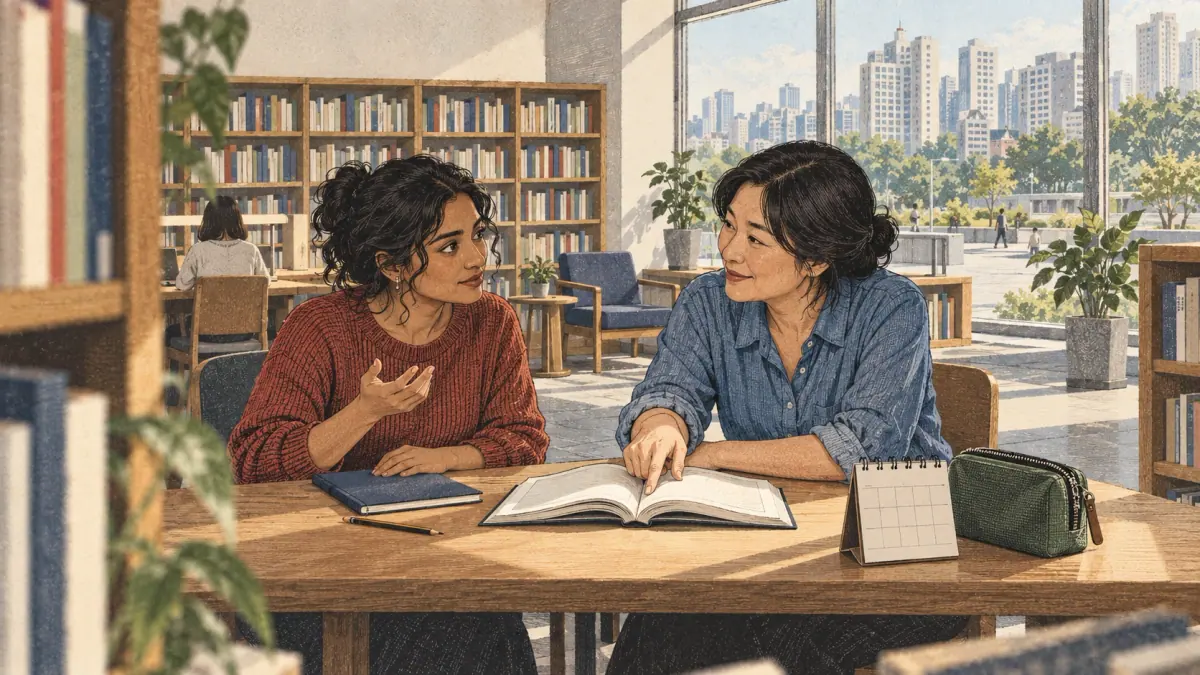 A beginner discusses Korean study choices with a Korean friend in a Seoul public library.