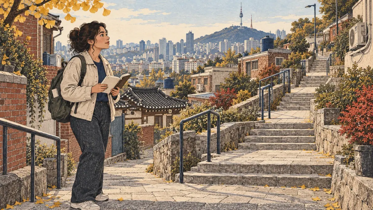 An adult Korean learner climbs a stepped Seoul hillside path with a notebook, looking toward the next landing.