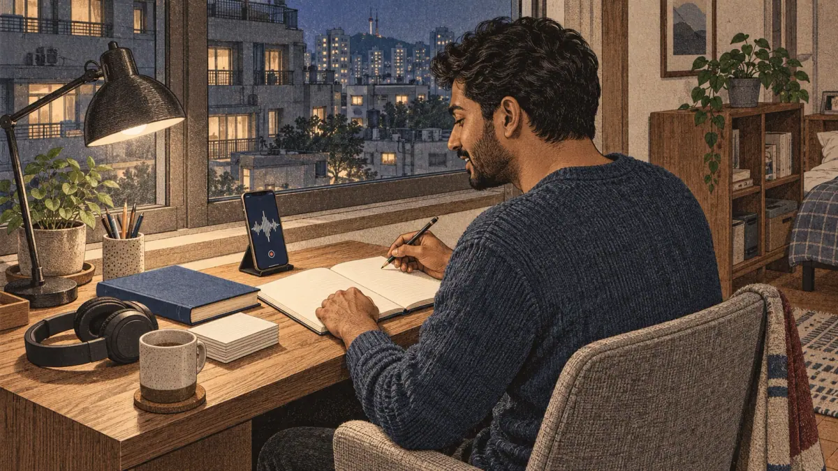 An adult learner records Korean reading practice at a tidy desk in a Seoul apartment.