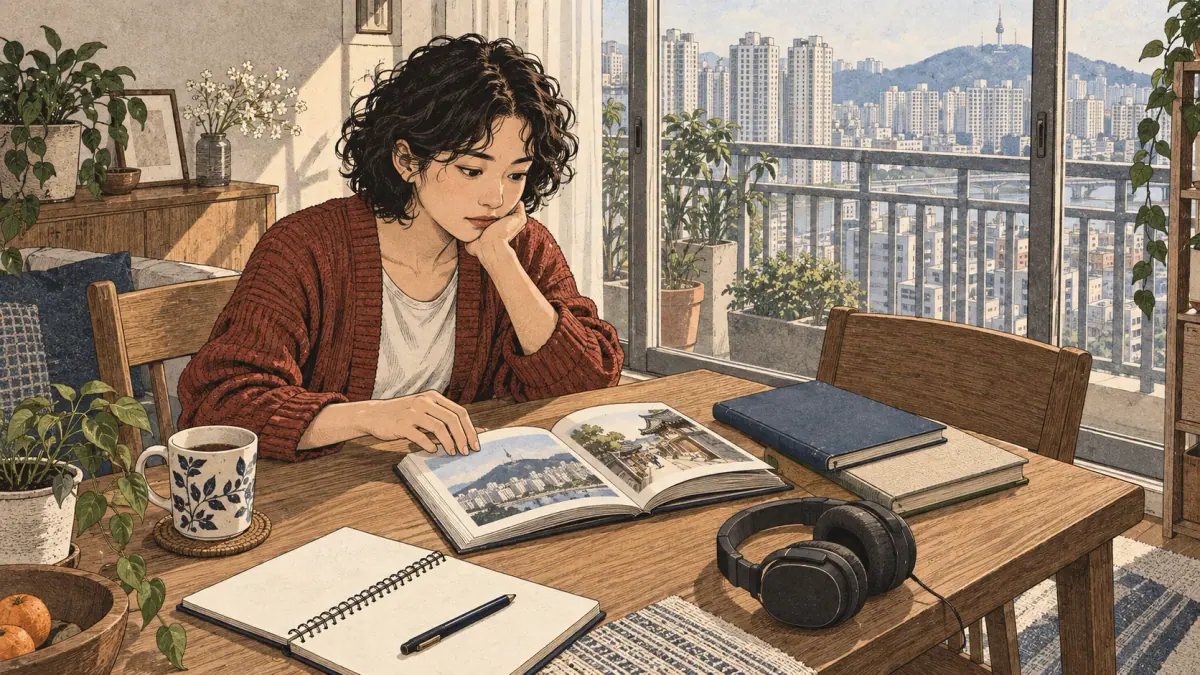 Learner practises Korean using study materials.