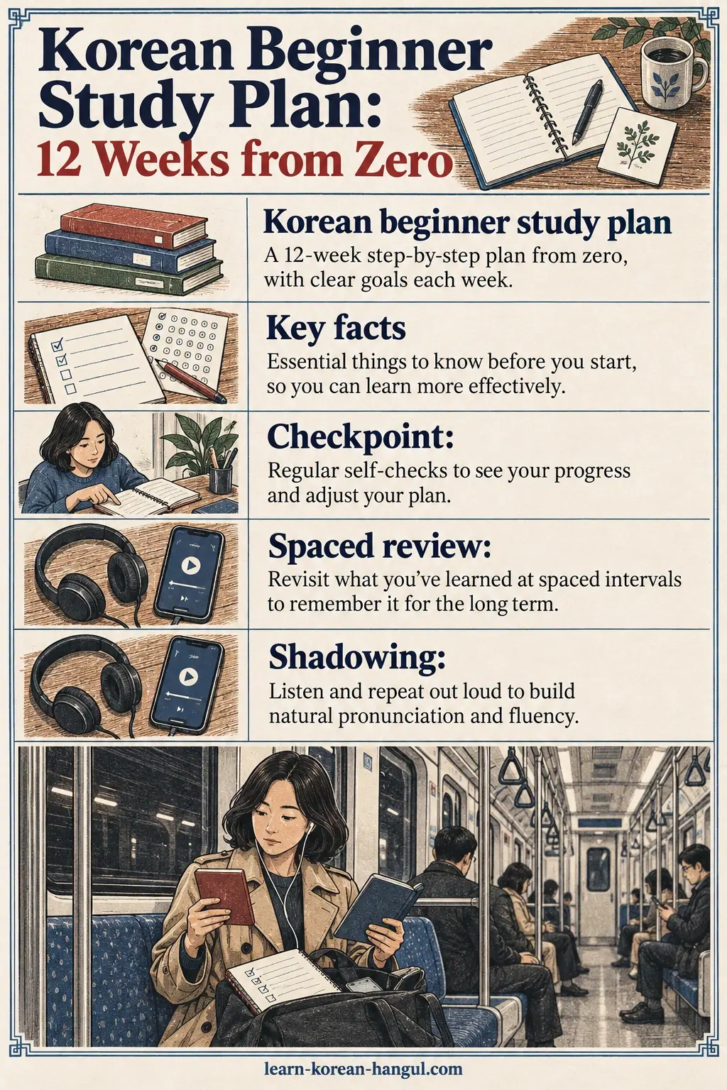 Illustrated cheat-sheet about Korean Beginner Study Plan: 12 Weeks from Zero.