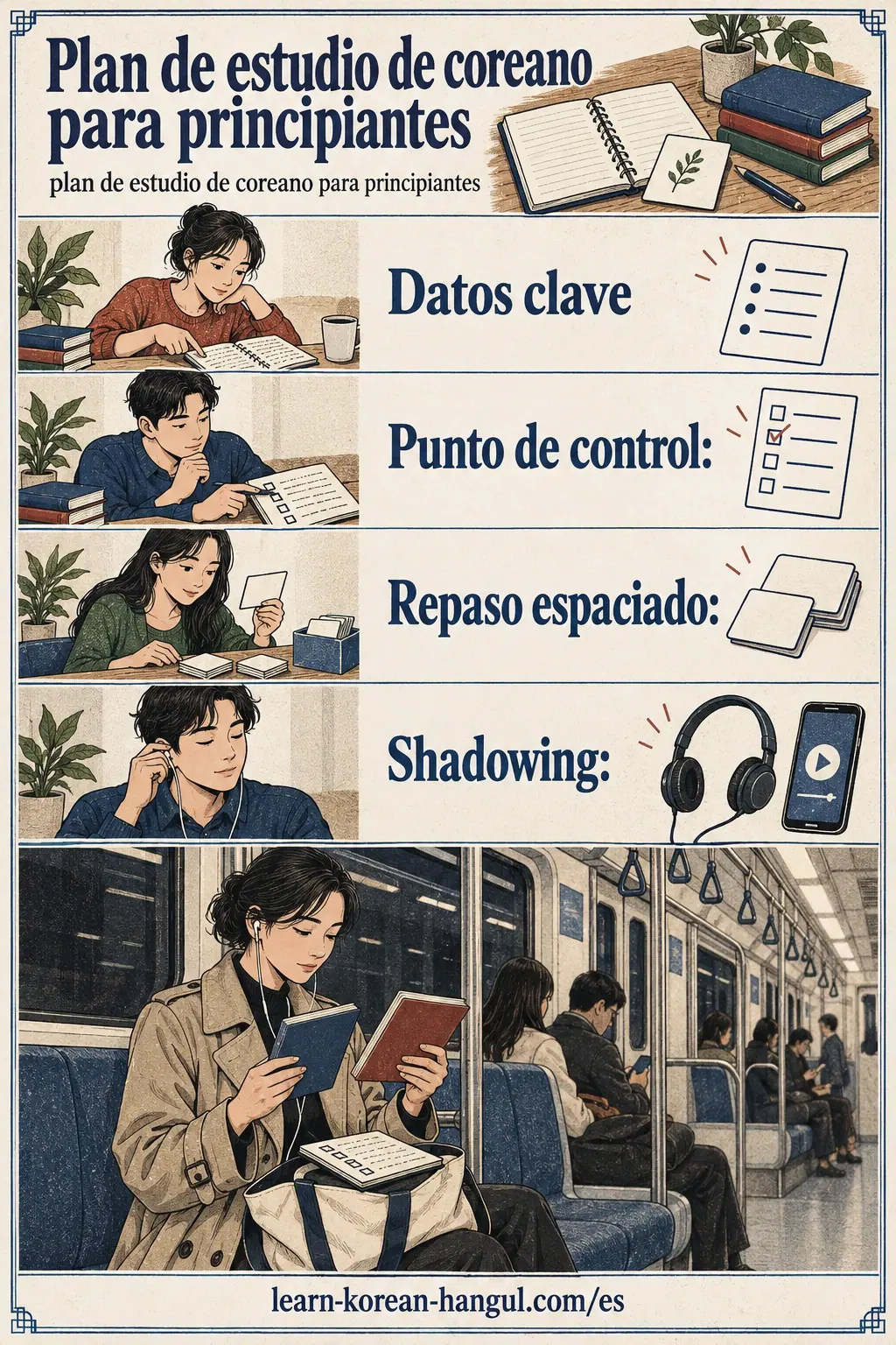 Guía ilustrada para elegir materiales y practicar coreano paso a paso.