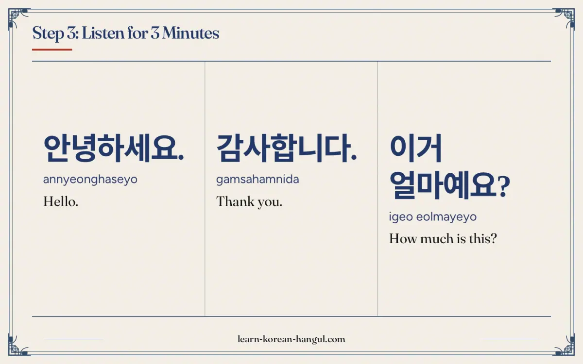 안녕하세요. · annyeonghaseyo · Hello. · Step 3: Listen for 3 minutes