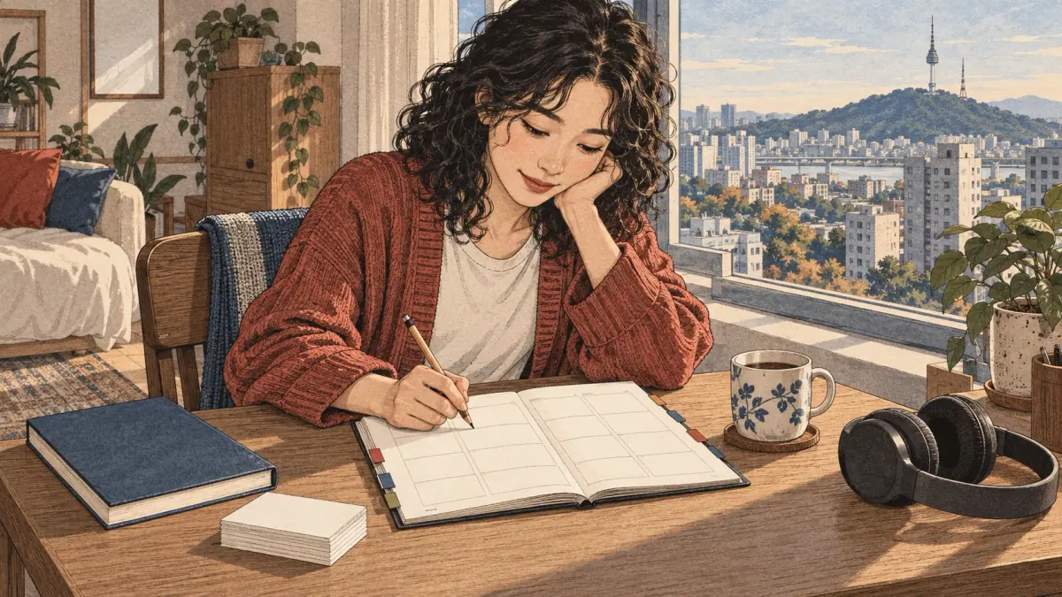 An adult learner chooses a Korean study schedule at a desk overlooking Seoul.