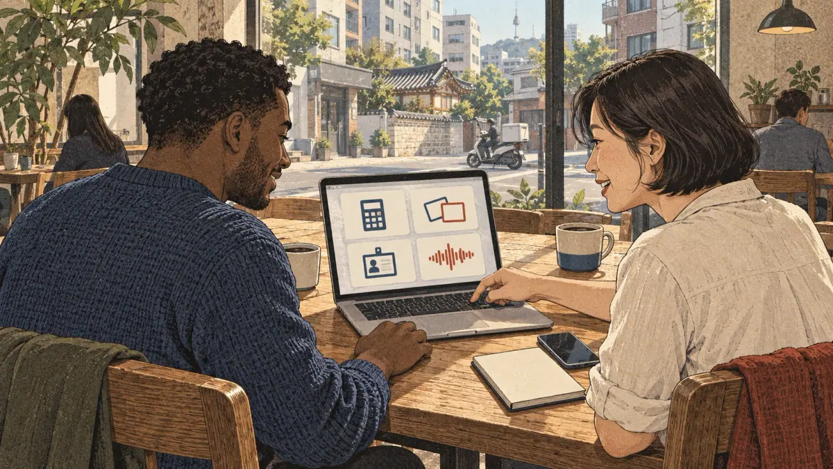 Two adult learners choose a Korean converter on a laptop in a Seoul café.